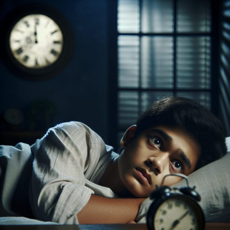 A teenager lying awake in bed at night staring at the ceiling with a concerned expression suggesting insomnia or sleep issues with a softfocus of a clock showing late hours in the background