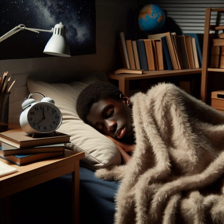 A teenager peacefully napping in a cozy corner with a soft light blanket setting an alarm clock for a 2030 minute rest with a nightthemed study desk with books in the background