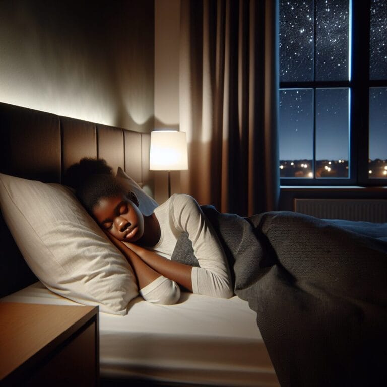 A teenager peacefully sleeping in a wellorganized dimly lit bedroom with a clear night sky visible through the window and no electronic devices in sight