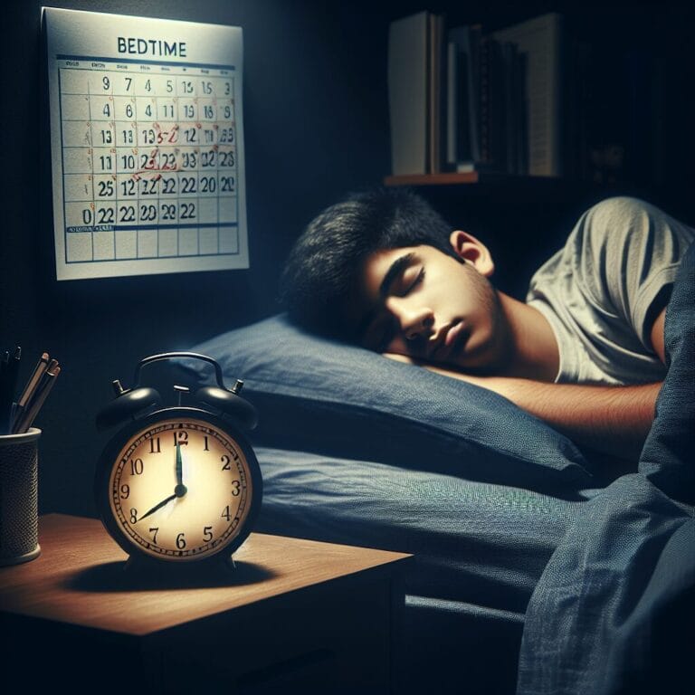 A teenager sleeping peacefully in a dark and quiet bedroom with a small analog clock showing bedtime and a subtle hint of a calendar on the wall marking a consistent sleep schedule