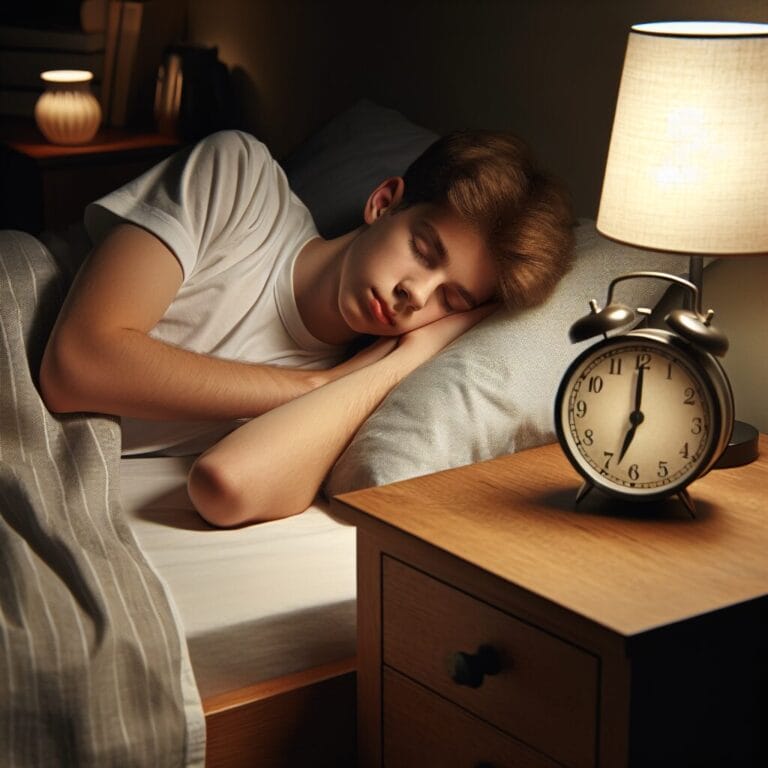 A teenager sleeping peacefully in bed a serene bedroom environment with no electronics and a visible nightstand clock showing a regular bedtime hour
