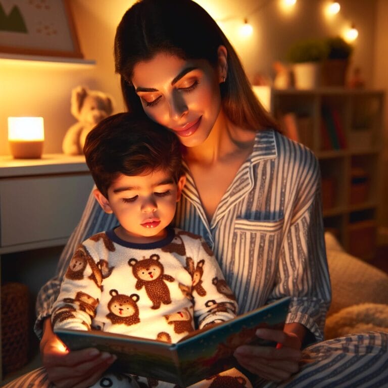 A toddler in pajamas being read a bedtime story by a parent in a softly lit room with a small nightlight casting a gentle glow and a background soundtrack of soothing nature sounds