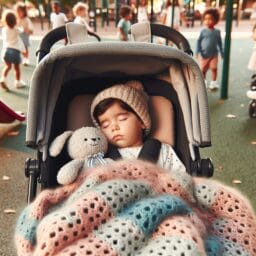 A toddler peacefully napping in a stroller with a cozy blanket and a soft toy in the midst of a park with children playing in the background