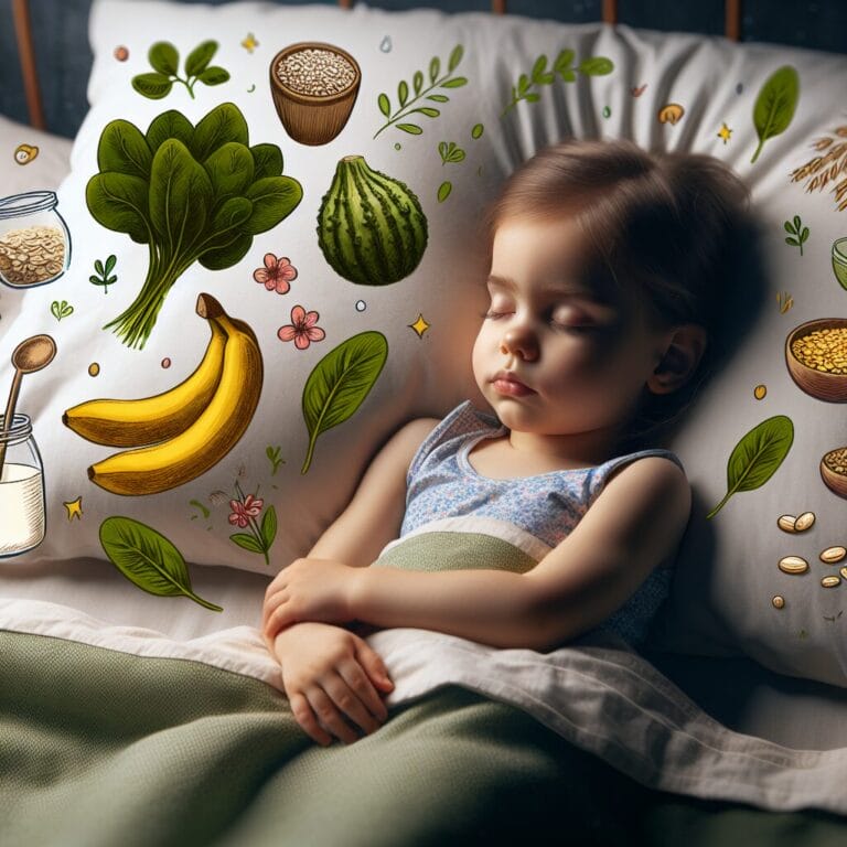 A toddler peacefully sleeping in a bed surrounded by illustrations of vegetarian foods like spinach lentils bananas oats plant milk and seeds with soft dreamy lighting