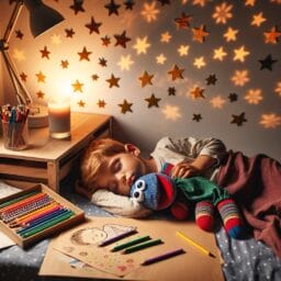 A toddler sleeping peacefully in a cozy bedroom with starry night lights surrounded by art supplies like crayons and paper with a sock puppet resting on the bedside table