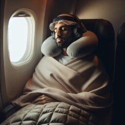A traveler resting peacefully on a flight with a window seat using a neck pillow and noisecanceling headphones with a dim cabin and a weighted blanket over them