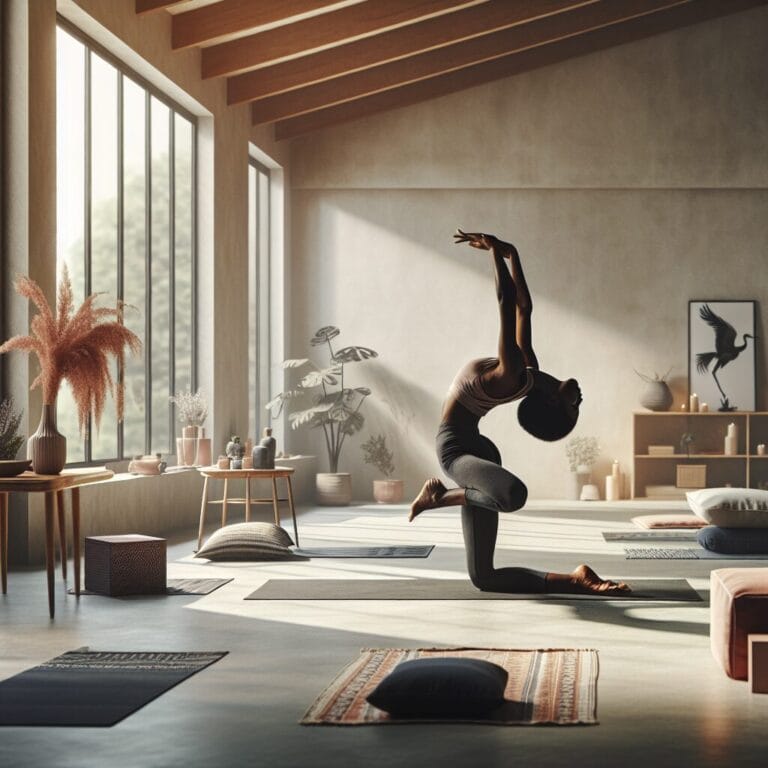 A yoga practitioner performing an advanced Crane pose Bakasana with focused balance and precision in a tranquil yoga studio space surrounded by minimalistic yoga props like mats and blocks