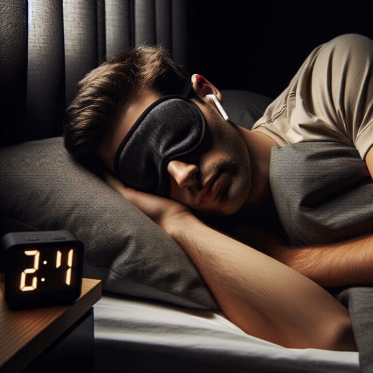 A young adult peacefully sleeping during the day with blackout curtains a sleep mask and earplugs in a room with a night shift workers alarm clock showing a nontraditional wakeup time