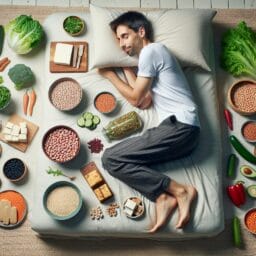 A young adult sleeping peacefully in a comfortable bed surrounded by various plantbased foods like beans lentils tofu and a salad