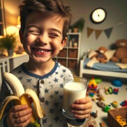 A young child holding a banana and a glass of warm milk smiling sleepily in pajamas with toys in the background suggesting recent play and a clock showing an early evening hour