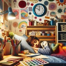 A young child napping peacefully in a bright artistic bedroom surrounded by art supplies and school books with a visible wall clock displaying early afternoon time