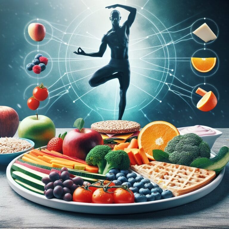 Abalancedplatewithcolorfulfruitsvegetableswholegrainsleanproteinsandasmallportionofdairysetonatablewithabackgroundofsomeoneperformingabalanceexerciselikeyogaorstandingononeleg