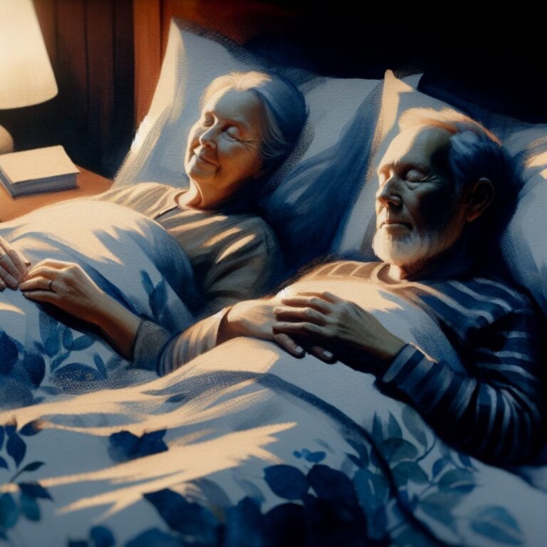 Active senior couple peacefully sleeping in a cozy dark bedroom with serene expressions and a hint of a nighttime routine in the background like a book and glasses on the bedside table