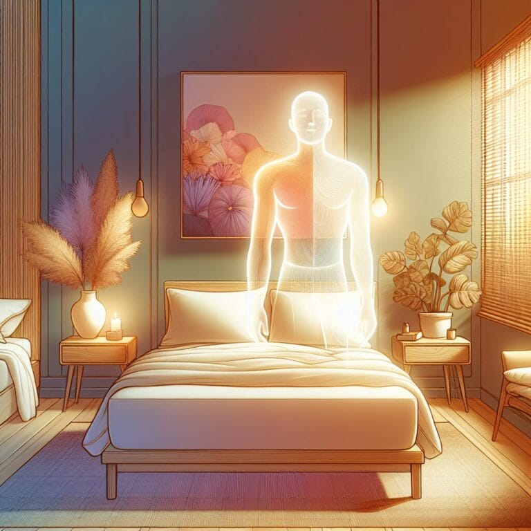 An adult peacefully sleeping in a comfortable bedroom with a serene and cozy atmosphere hinting at the importance of optimal sleep conditions for health and fitness