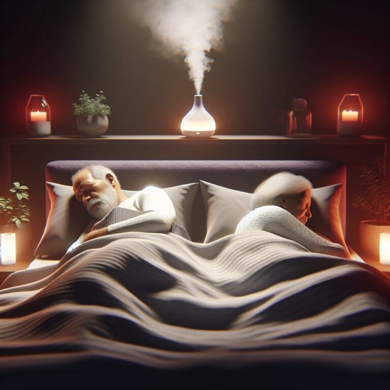 An elderly couple peacefully sleeping in a dark room with soft red nightlights a cozy bed with comfortable blankets and a diffuser emitting a gentle lavender scent in the background