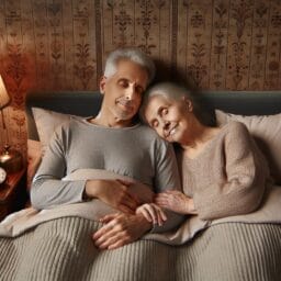 An elderly couple peacefully sleeping side by side highlighting a serene and comfortable bedroom environment conducive to healthy sleep for older adults