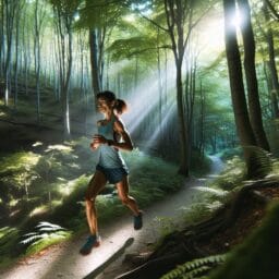 An intermediate runner with a focused expression trail running through a scenic forested path showcasing the beauty of nature and the intensity of the sport