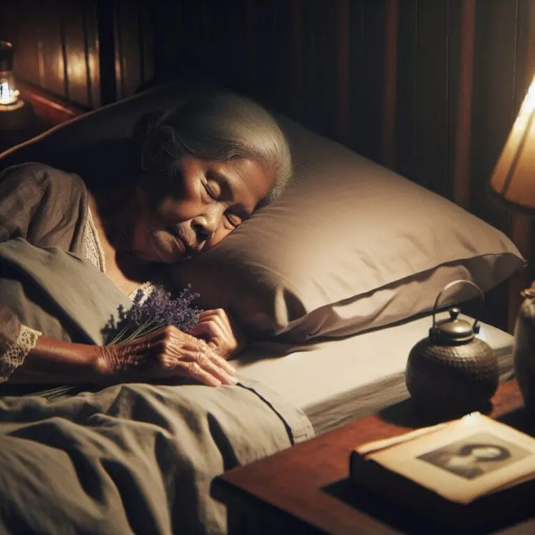 An older adult peacefully sleeping in a dark cozy bedroom with a book on the nightstand and lavender on the pillow no electronic devices in sight