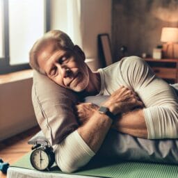 An older adult peacefully sleeping in a welllit room with a clock showing late afternoon time while exercise equipment like light dumbbells and a yoga mat suggest an active lifestyle