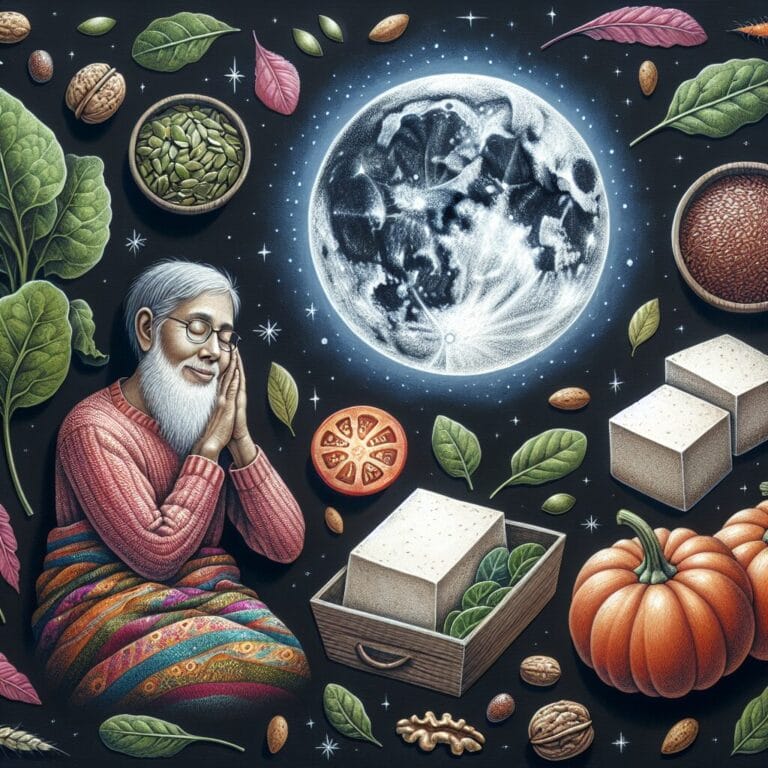 An older person peacefully sleeping surrounded by illustrations of spinach pumpkins seeds tofu flaxseeds walnuts and tomatoes with a dreamy tranquil nighttime vibe