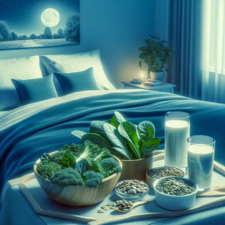 Apeacefulbedroomwithaplateofleafygreenslikespinachandkaleabowlofpumpkinandsunflowerseedsandaglassofwarmmilkonthenightstandwhilethemoonshinesthroughthewindowindicatingnighttime