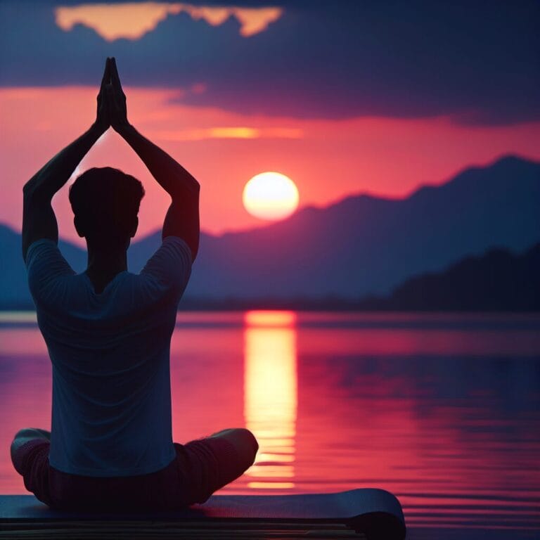 Apersoninasereneandpeacefulyogaposewithasunsetbackgroundembodyingcalmandtranquility