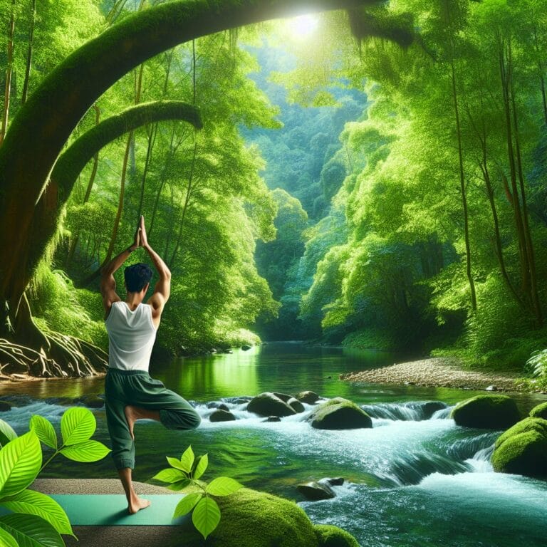 Apersoninaserenepeacefulsettingpracticingayogatwistposesurroundedbyelementsofnaturethatsuggestpurityanddetoxificationlikeflowingwaterandfreshgreenleaves