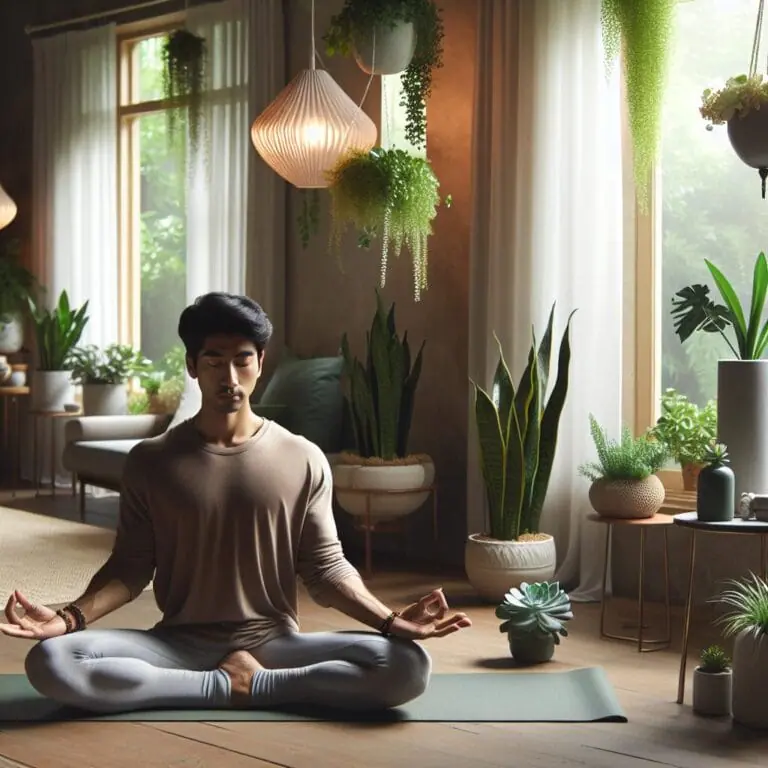 Apersoninasereneyogastudiopracticingastressrelievingyogaposewithafocusondeepbreathingsurroundedbycalmingelementslikeplantssoftlightingandatranquilenvironment