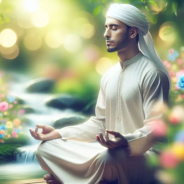Apersonsittingcrossleggedinatranquilgardenperformingdeepbreathingexerciseswithasereneexpressionsurroundedbysoftfocusbloomingflowersandagentlestream