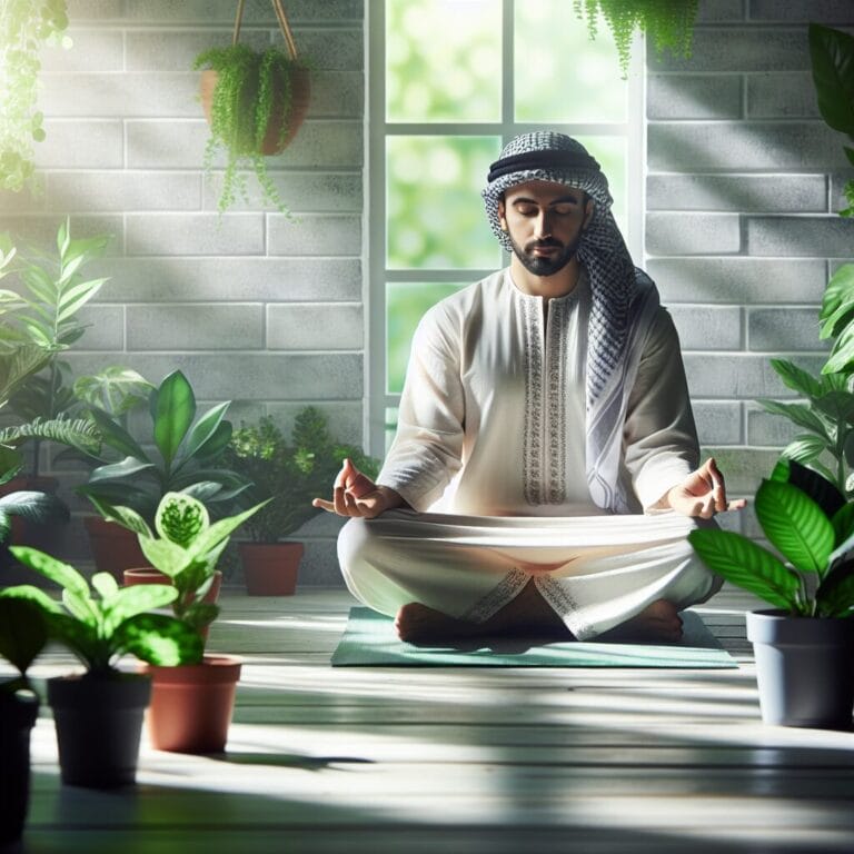 Apersonsittinginalotuspositionmeditatingpeacefullyinasereneandquietenvironmentsurroundedbysoftnaturallightandindoorplants