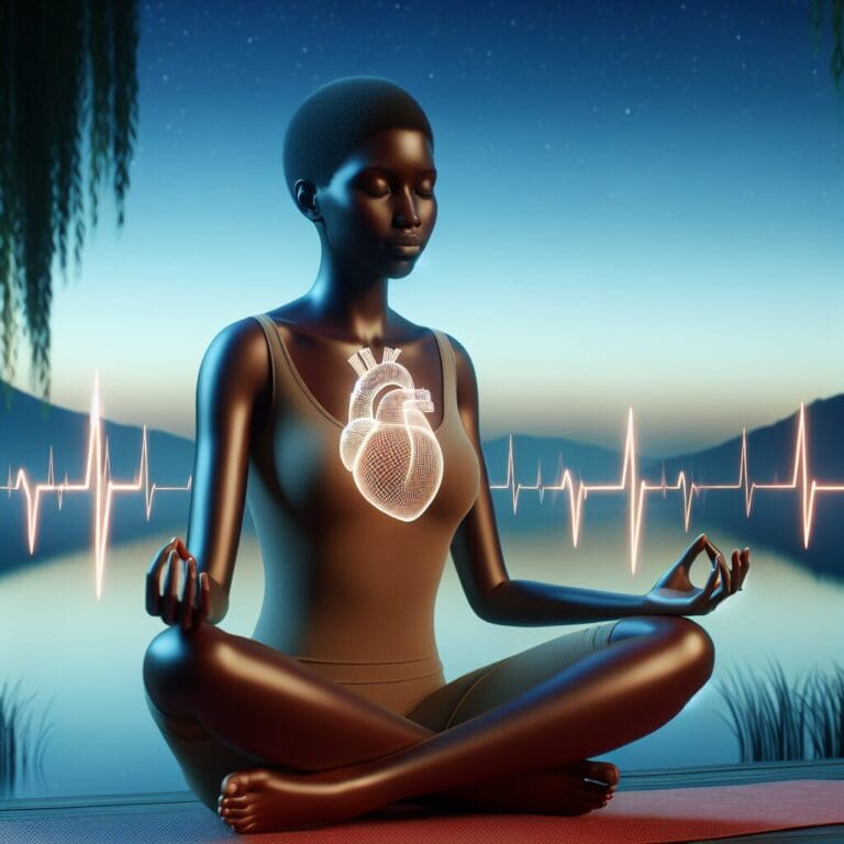 Apersonsittinginapeacefullotuspositionmeditatingwithasereneandtranquilbackdropsymbolizingbothrelaxationandhearthealth