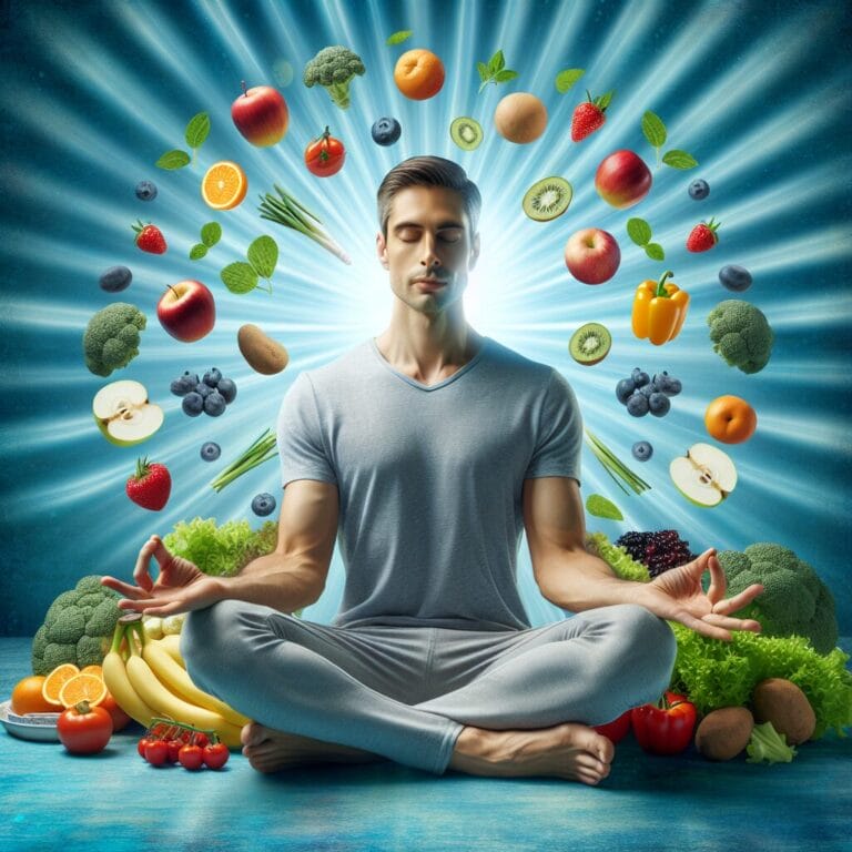 Apersonsittinginapeacefullotuspositionmeditatingwithasereneexpressionsurroundedbywholesomefoodslikefruitsandvegetableswithacalmbluetonedbackgroundindicatingtranquility