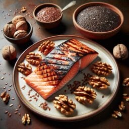 Aplateofgrilledsalmonwithasideofwalnutsandabowlcontainingflaxseedsandchiaseeds