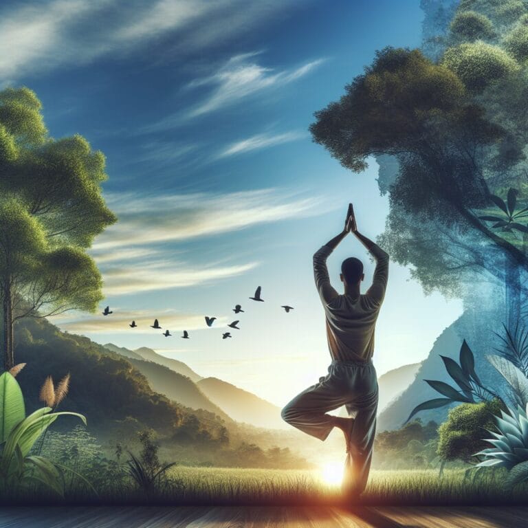 AsereneyogasessioninatranquilsettingwithapersonintheMountainPoseTadasanafocusingintentlysurroundedbyacalmnaturalenvironmenttosymbolizementalclarityandconcentration