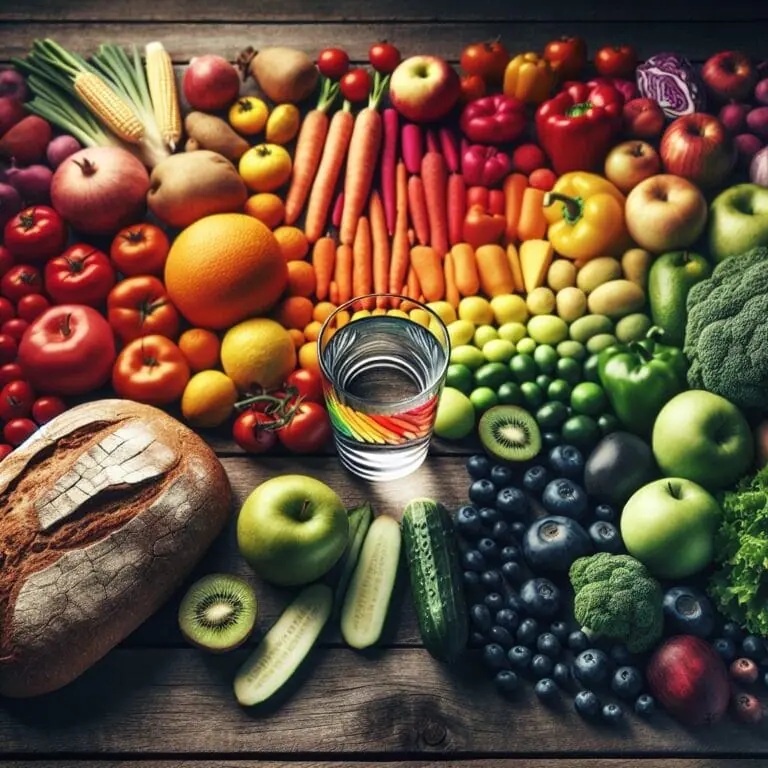 Avarietyoffreshfruitsandvegetablesarrangedinarainbowonatablewithasideofwholegrainbreadandaglassofwater