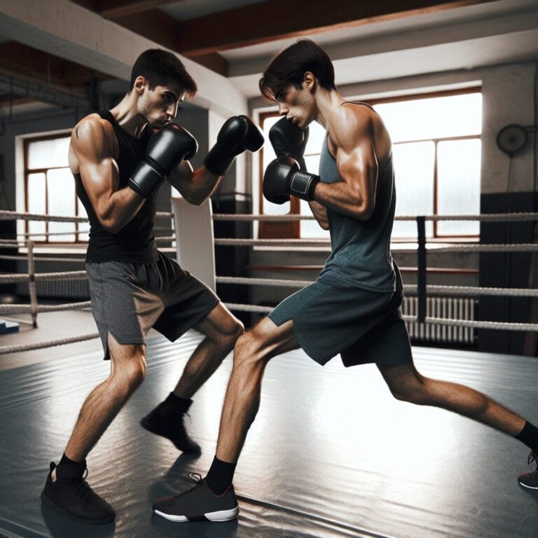 Boxers practicing basic stance and footwork in a ring with one person throwing a jab and another practicing a defensive weave