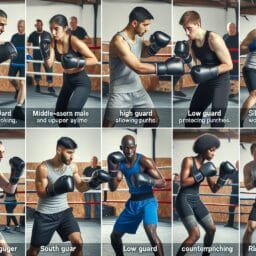 Boxers practicing various defensive techniques high guard low guard slipping rolling and counterpunching in a welllit boxing gym