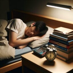 College student sleeping soundly in bed with a pile of textbooks on a nearby desk a soft night light on and an alarm clock showing an early bedtime