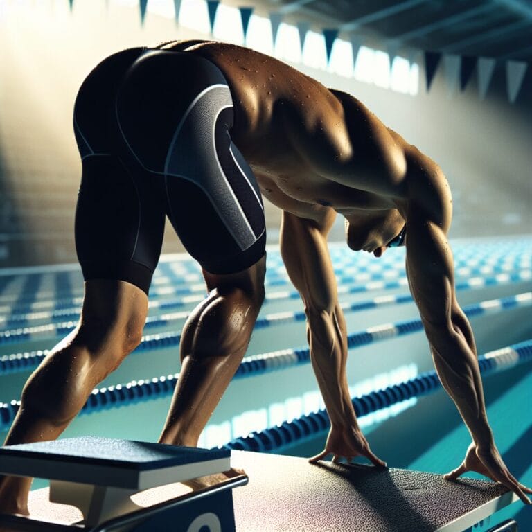 Competitive swimmer on starting block focused and poised ready to dive into a race at a swimming competition