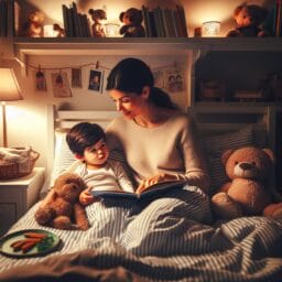 Cozy childrens bedroom with dim lighting and a parent reading a bedtime story to a preschooler nestled in bed surrounded by stuffed animals with a small plate of healthy snacks on a nightstand