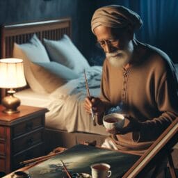 Elderly artist in a serene bedroom painting calmly before bedtime with herbal tea on the nightstand