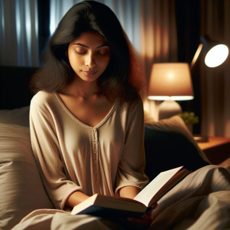 Generate an image of a serene and cozy bedroom at night with no screens visible featuring a person practicing sleep hygiene by reading a book under soft lighting before bedtime