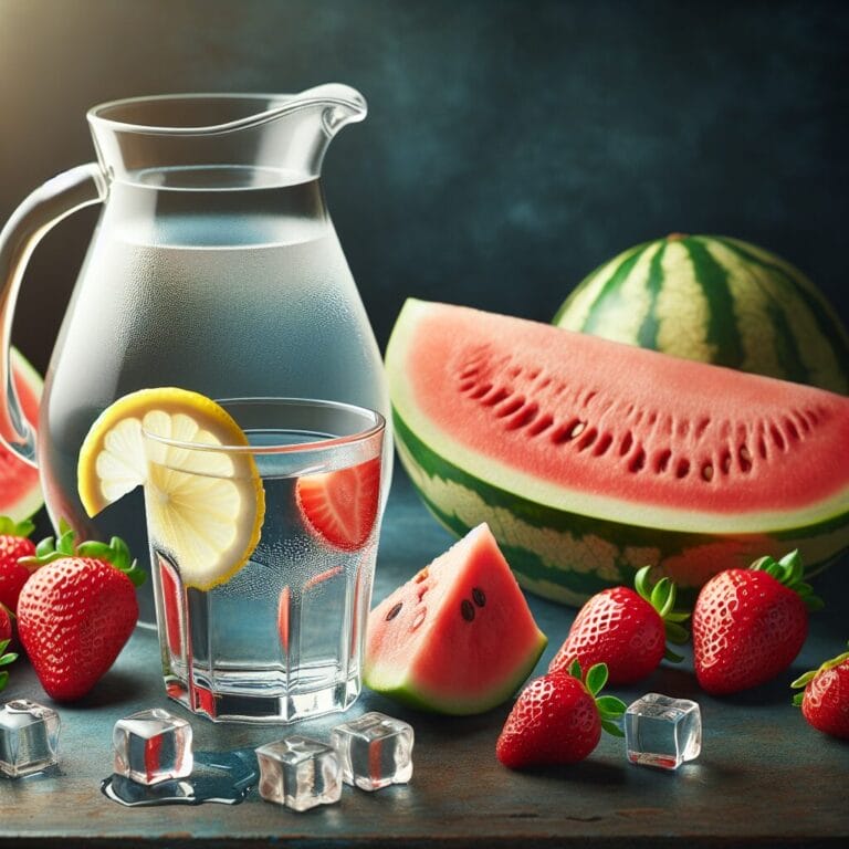 Glassofwaterwithasliceoflemonbesideaclearpitcherfilledwithwaterandsurroundedbyfreshfruitslikewatermelonandstrawberriesdepictingahealthyhydrationtheme