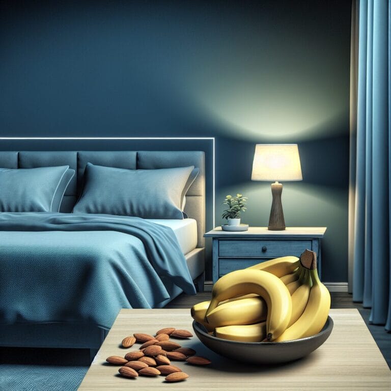 Healthy sleepfriendly snacks like bananas and almonds on a nightstand with a calm bedroom environment in the background