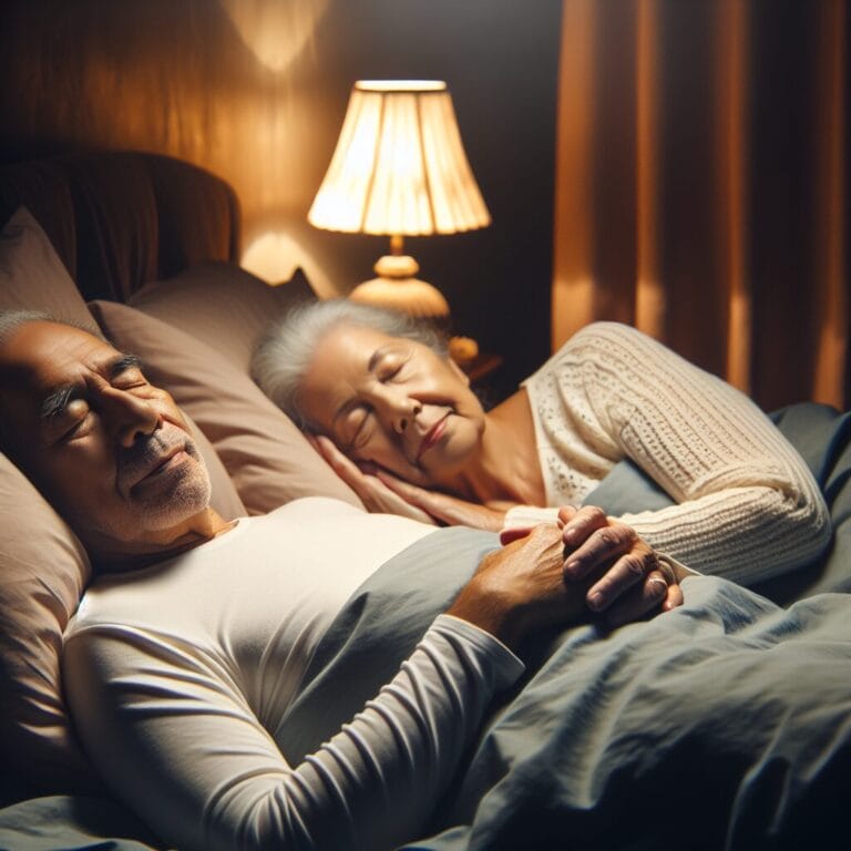 Image prompt An elderly couple peacefully asleep in a cozy bedroom with soft lamplight and blackout curtains depicting a serene and restful nights sleep