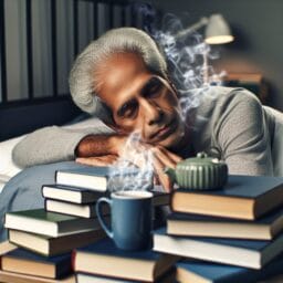 Image prompt An older adult student peacefully sleeping surrounded by books with a cup of herbal tea on the bedside table in a cool quiet and comfortable bedroom environment