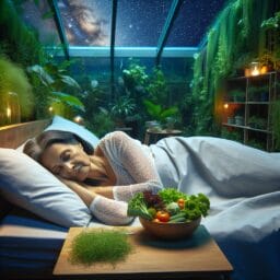 Middleaged vegetarian sleeping peacefully in a bed surrounded by plants and a plate of healthy vegetables on the nightstand under a starry night sky