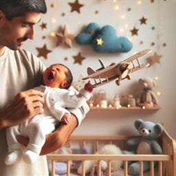 Newborn baby yawning while a parent gently stops the airplane game with soft soothing colors and a cozy nursery setting in the background