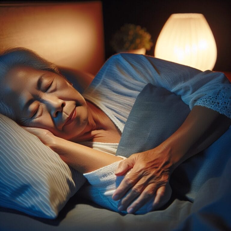 Older adult peacefully sleeping in bed with a soft light in the background suggesting a good nights rest