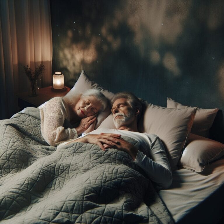 Older couple peacefully sleeping in a cozy bedroom with soft pillows a dark cool environment and a sense of tranquility